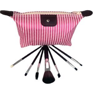 Pink Striped Zippered Canvas Bag w/ Travel Makeup Brush Set, Organizer Pouch NEW